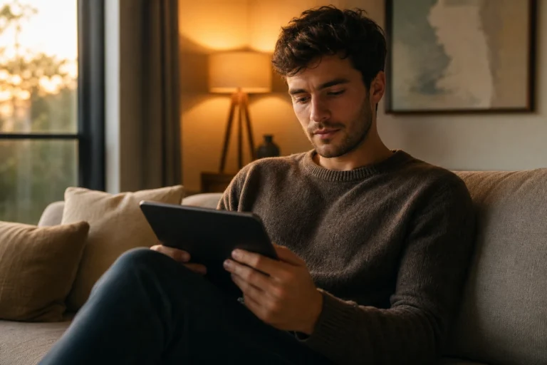 Personne consultant un soutien psychologique en ligne depuis son canapé