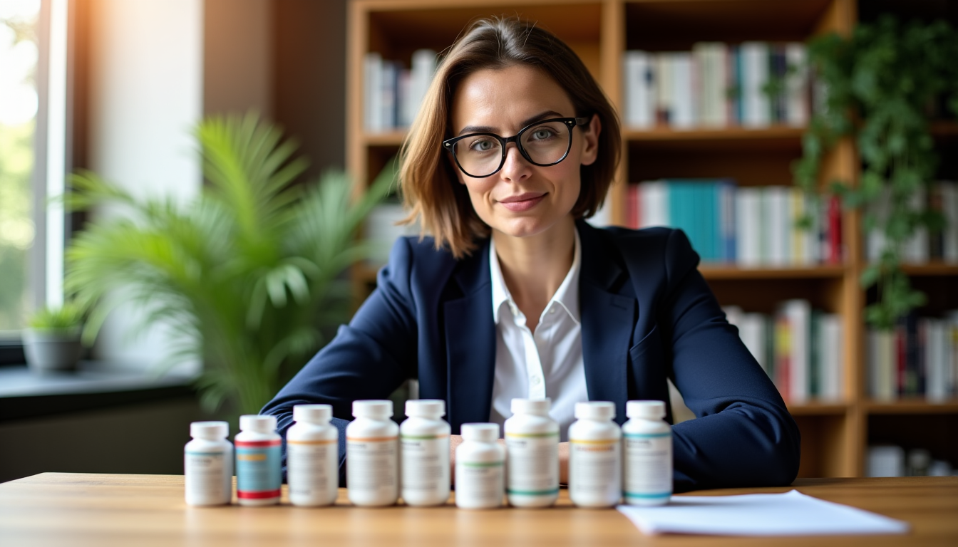 Flacons de compléments alimentaires alignés sur un bureau pour être comparés